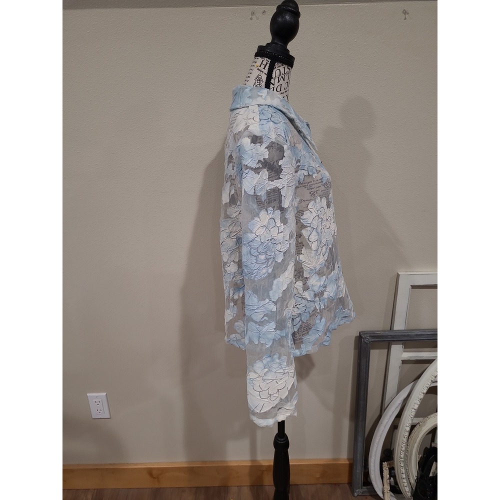 Vtg. Cynthia Max Women SZ Med. Semi sheer Floral Jacket lt. Blue floral boho USA - Picture 4 of 12